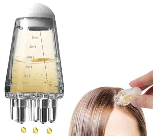 Hair oil dropper with measurement markings and a person applying oil to their hair.